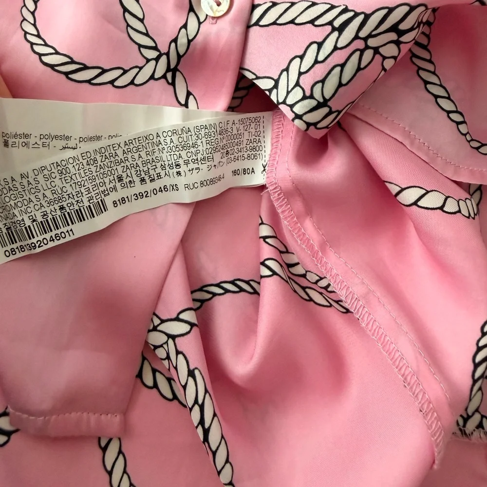 ZARA Satin Pink Rope & Chain Print Button Down Shirt | Nautical Chic